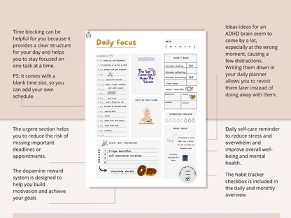 ADHD Daily Planner | Printable Productivity & Self-Care Journal (170 Pages) - mindloop