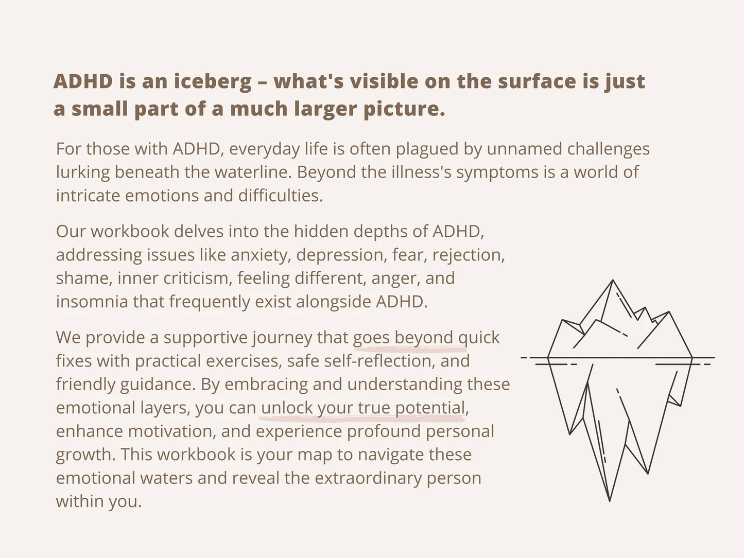 ADHD Iceberg Workbook – CBT Worksheets for Anxiety, Depression, Shame, Inner Critic & Feeling Different - mindloop